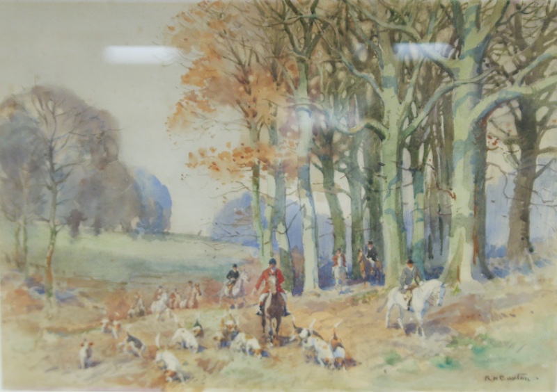 Robert Hugh Buxton (1871-1965), watercolour, ‘Fox Hunting at Savernake Forest, Wiltshire’, signed, details verso, 27 x 38cm. Condition - good